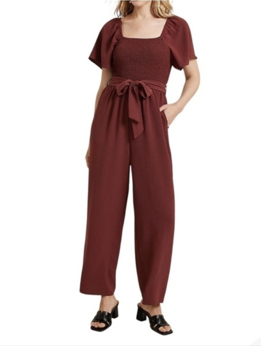 Maurices Smocked Flutter Sleeve Burgundy Jumpsuit Size XXL